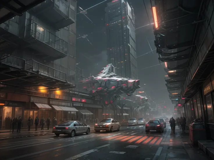 Cyberpunk streetscape with tall skyscrapers, Glowing neon signs and LED lights, traffic with futuristic cyberpunk cars and ((Flying cars in the sky)), Dark atmosphere, Cinematic lighting, Extremely detailed.