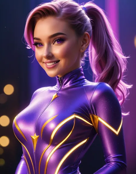 a beautiful girl with breathtaking proportions, intricate details, ponytail hairstyle, smiling, in a skin-tight purple bodysuit, photorealistic, high quality, extremely detailed, glowing skin, beautiful eyes, masterpiece, 8k, highly detailed, realistic, ci...