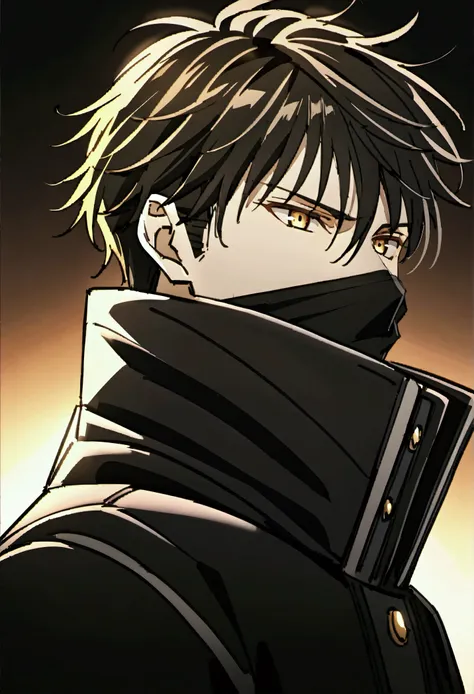 anime man, black mask, yellow golden eyes, black messy hair, black fluffy winter jacket, white shirt, will commit peace, calm de...