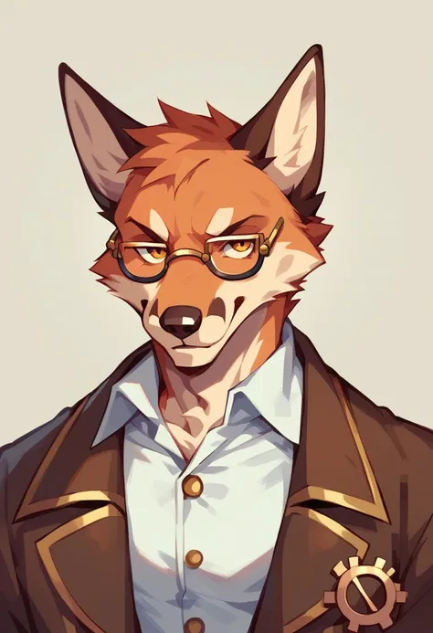 portrait of a muscular fox, steampunk, with glasses, gears on his jacket, white shirt, noble expression,