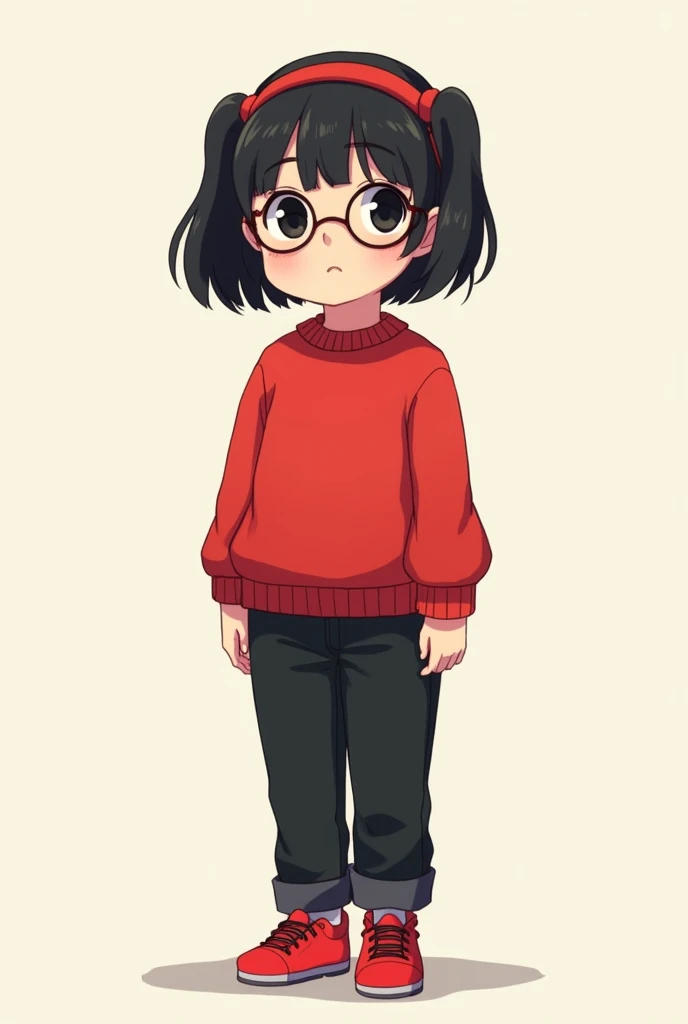 girl, standing looking at the viewer, She has two pigtails, a red headband, glasses, black hair, red long sleeve sweater, black pants, red shoes, , black eyes.