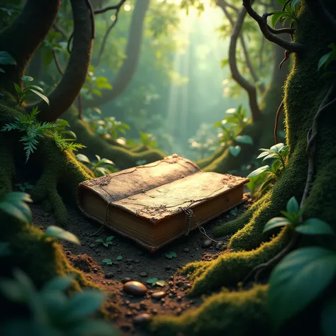 Book with root below the surface in the middle of jungle 