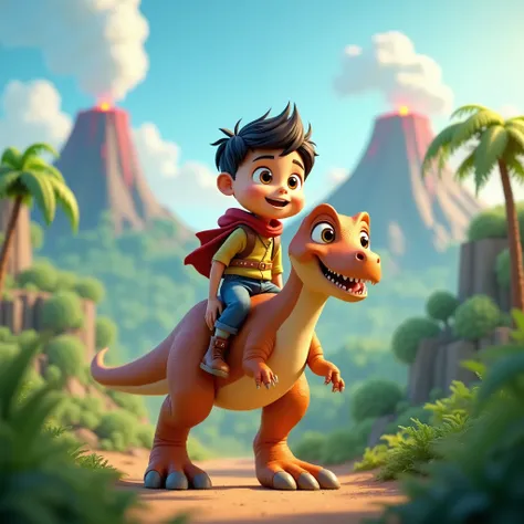 3d digital cartoon image of  A brave boy rides on the back of a friendly dinosaur in a prehistoric landscape filled with lush greenery and vibrant volcanic mountains. The boy’s expression is one of excitement and wonder as they explore their adventurous su...