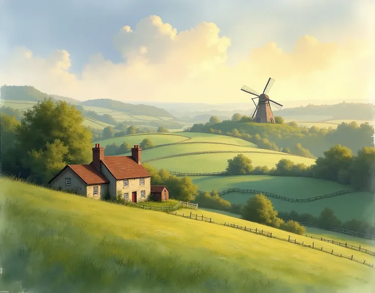 English countryside painted by the British painter Turner, Painted with a unique watercolor touch, farmhouse, cow house,  old windmill, field, evening, sign 