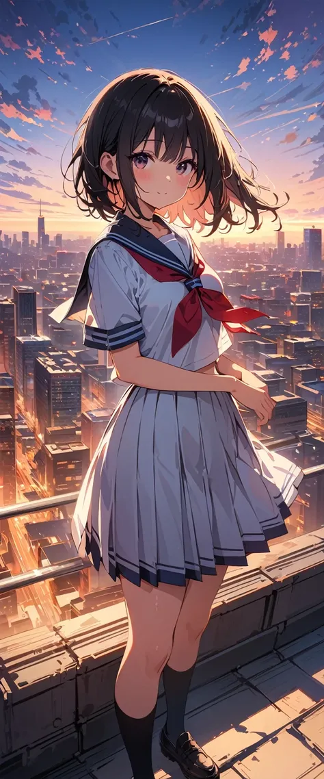 Best Quality, Super detailed, (Ultra-high resolution,8k), Ultra-high definition 4K, A silhouette of a lone female student in a sailor uniform, standing on a rooftop at sunset, overlooking the city skyline, with the warm glow of the setting sun casting long...