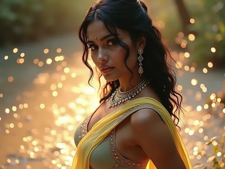 8K, realisitic, high resolucion, Masterpiece, Best Quality, ((Hasselblad photo)), Sharp focus, (Cinematic lighting), Soft lighting, Dynamic Angle, Beautiful swastika Mukherjee in bikini and big breasts , In a mysterious forest pond illuminated by fireflies...