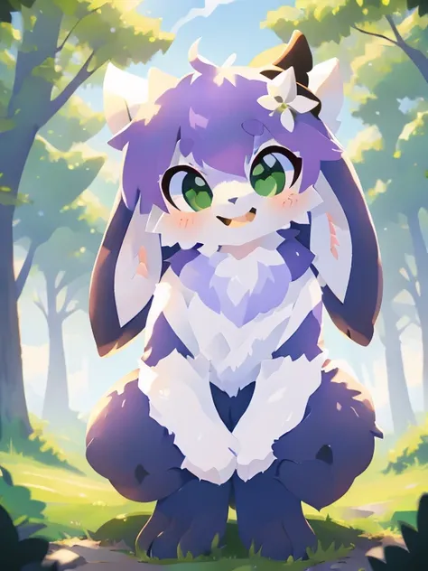 purple haired goat, green eyed goat, white goat girl, happy, fluffy, furry, goatの耳, goat, goatの目, goatのツノ, white furry body