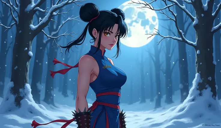 Returning to an anime-style winter night, Chun-Li stands tall, her black hair tied in two buns and her muscular legs accentuated by the moonlight. The snow gently falls around her, each snowflake intricately drawn in anime style. Her large, expressive eyes...