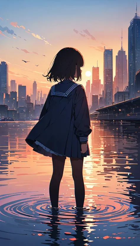 Best Quality, Super detailed, (Ultra-high resolution,8k), Silhouette of a lone female student in a sailor suit standing on a lake at sunset, overlooking the city skyline, the warm light of the setting sun casting long shadows