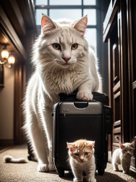 a big white cat travelling by trolley with kittens, cityscape, detailed fur texture, photorealistic, 8k, high quality, masterpie...