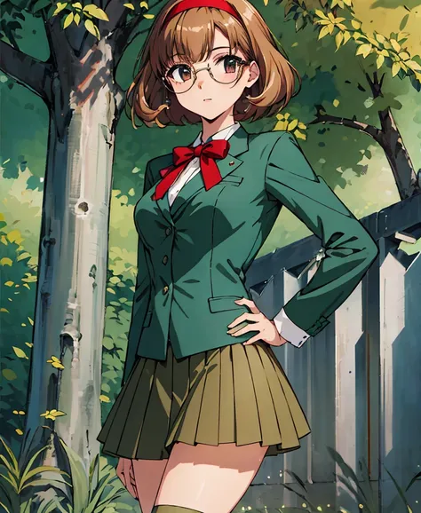 phoenix temple,one girl,short hair,light brown hair,glasses,((red hairband)),green blazer,mini skirt,masterpiece,noise reduction...