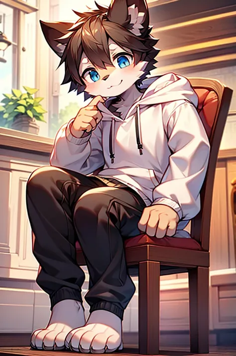 Shorta, boy, furry, white hoodie, black short pants, cute feet, sitting in a chair, cafe background, masterpiece, slightly smiling expression, blue eyes, cute