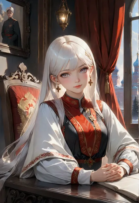 Long smooth straight white hair,white eyes,sitting in soviet Russian clothes. masterpiece, super detail, best quality, 8k,realistic