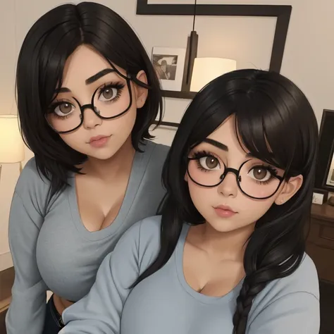 two cute petite short slightly curvy chubby emo mexican sisters, one with short hair and one with long hair, hair covering half ...