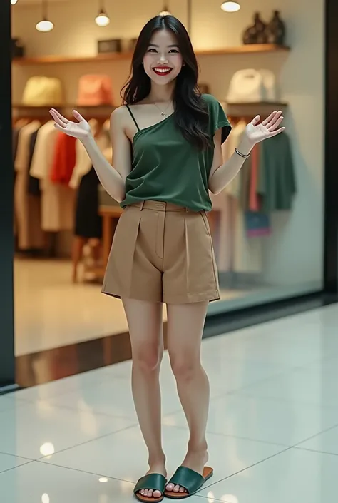 A Realistic White Filipina woman 2 looking at the viewer full body laughing inside a Mall in Makati, Manila, Philippines with long dark hair with brown eyes and make up with dark red lips wearing a with dark green one shoulder cotton sleeveless tank top wi...