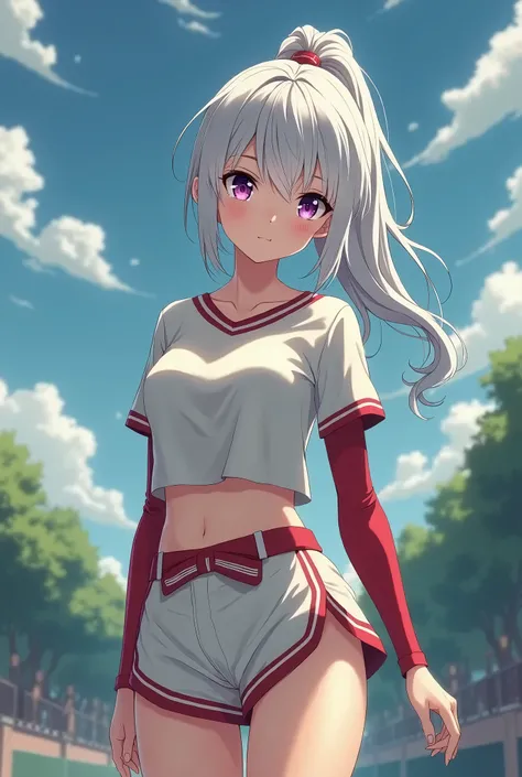 HD、Animation style、white hair 、Purple Eyes、girl、plump breasts 、High school student 、single ponytail、Baseball player、Light color short sleeve top、Long sleeve red underwear、Good shape、Thin、sash、Sky、cloud、sunny、Navel exposed、dazzler、Breasts exposed、ninja suit...