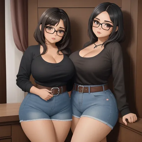 two cute petite short slightly curvy chubby emo mexican sisters, one with short hair and one with long hair, hair covering half ...