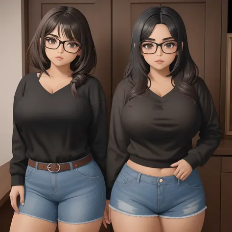 two cute petite short slightly curvy chubby emo mexican sisters, one with short hair and one with long hair, hair covering half ...