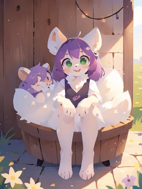 purple haired goat, green eyed goat, white goat head girl, happy, fluffy, furry, goat&#39;s ears, goat face, goat eyes, goat hor...