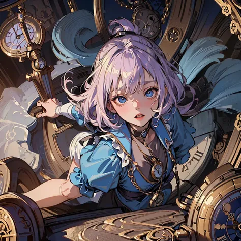 Alice in Wonderland、(((Perfect Anatomy、Best Quality、Masterpiece、The best composition、Super detailed、High definition、HHD)))、Depth of subject、8k, (Pocket watch background:1.5), 