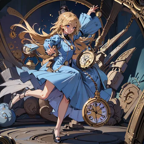 Alice in Wonderland、(((Perfect Anatomy、Best Quality、Masterpiece、The best composition、Super detailed、High definition、HHD)))、Depth of subject、8k, (Pocket watch background:1.5), 