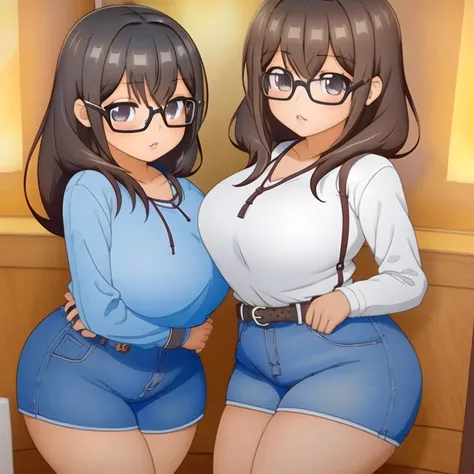 two cute petite short slightly curvy chubby emo mexican sisters, one with short hair and one with long hair, hair covering half ...