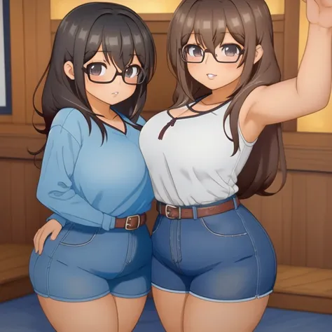 two cute petite short slightly curvy chubby emo mexican sisters, one with short hair and one with long hair, hair covering half ...