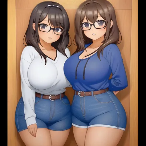 two cute petite short slightly curvy chubby emo mexican sisters, one with short hair and one with long hair, hair covering half ...