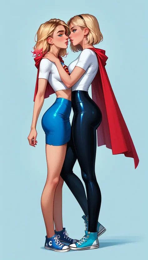 score_9, score_8_up, score_7_up, source_cartoon, 2girls, duo, couple, yuri, (supergirl, blonde, tight white tshirt, short sleeve...