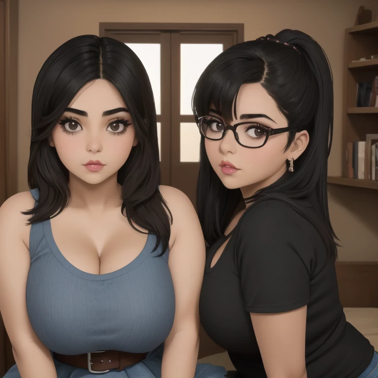 Two cute petite short slightly curvy chubby emo mexican sisters, one with short hair and one with long hair, hair covering half face, one wearing glasses, beautiful detailed brown eyes, cutely detailed lips, extremely cute detailed eyes and face, busty, vo...