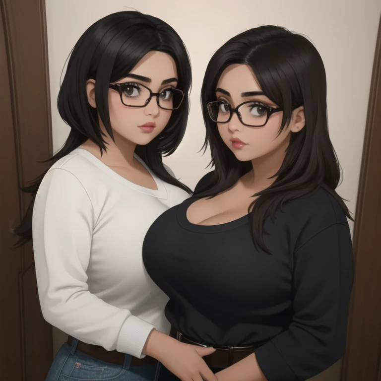 Two cute petite short slightly curvy chubby emo mexican sisters, one with short hair and one with long hair, hair covering half face, one wearing glasses, beautiful detailed brown eyes, cutely detailed lips, extremely cute detailed eyes and face, busty, vo...