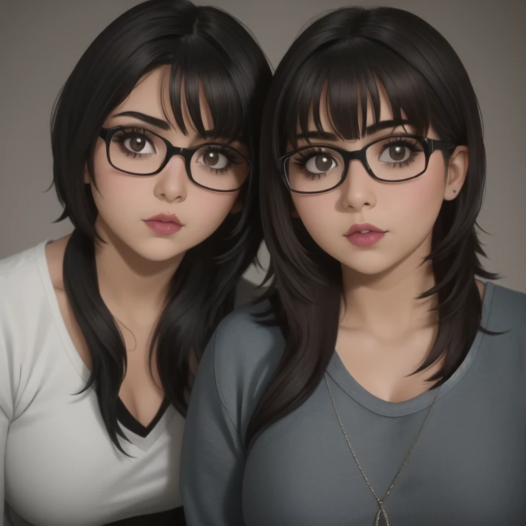 two cute petite short slightly curvy chubby emo mexican sisters, one with short hair and one with long hair, hair covering half ...