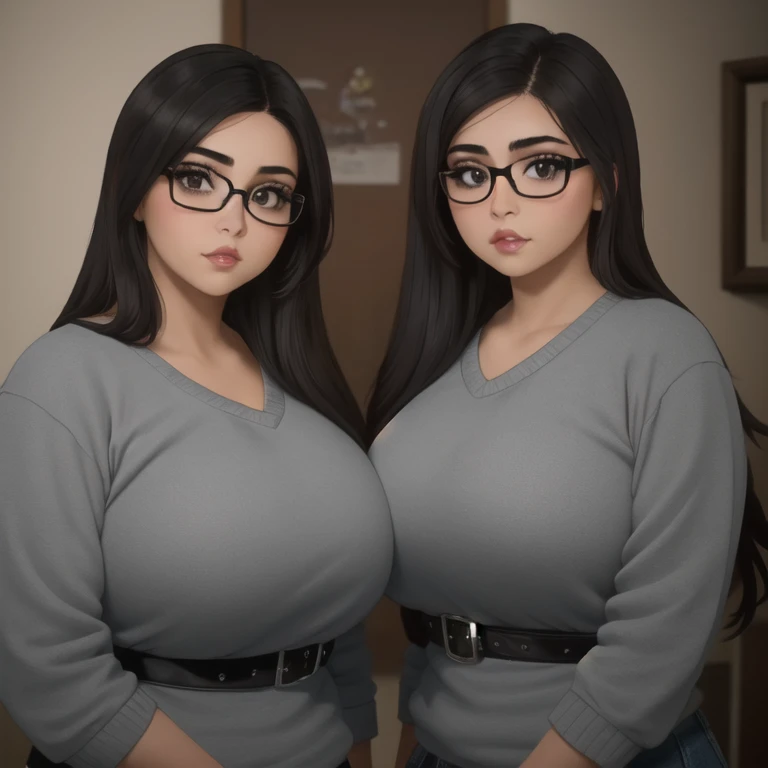 two cute petite short slightly curvy chubby emo mexican sisters, one with short hair and one with long hair, hair covering half ...