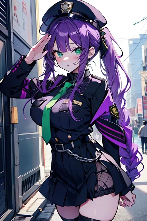 MiniskirtPolice、Fishnet stockings、Alluring、Point a gun、Long Hair、Purple Hair、Ponytail、Braids、Emerald green eyes、Long eyelashes、Ample breasts、delicate、Salute、Lowang、Alluringな笑み、sexy、Police、Miniskirt、Mature、Seduce、cool、Lock、handcuffs、Alluringな笑み、Police unifo...