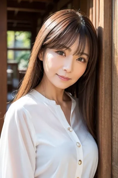 Japanese　60 years old　woman　White blouse　Long Hair　Beauty　front　