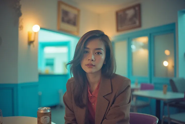 portrait of A stylish Thai woman, wearing modern fashion clothes, in retro cafe with pastel blue walls, A cinematic scene with dramatic lighting, warm highlights, moody shadows. The color contrast between cool and warm tones that adds depth and intensity t...