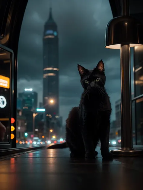 a black cat travelling by trolley-bus with kittens, cityscape, detailed fur texture, photorealistic, 8k, high quality, masterpiece, intricate details, dynamic composition, dramatic lighting, moody atmosphere, vibrant colors, cinematic style