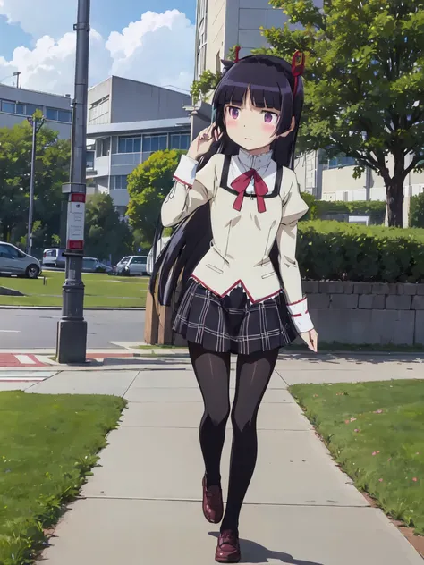 (ruri gokou), 1 female, solo, ((mitakihara school uniform)), (red bow), white over-the-knee socks, hime cut, black hair, long ha...