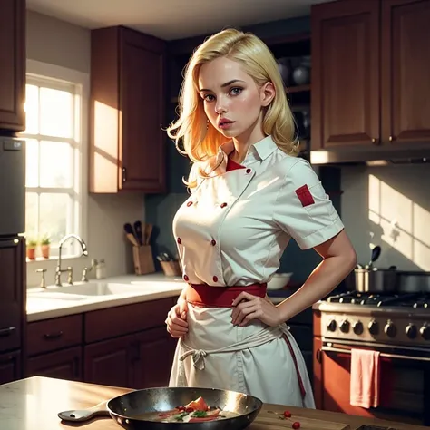 Attractive blonde woman in chefs clothes clutching a large ladle to her chest, scared look, watercolor, acrylic, random pose noir kitchen background
