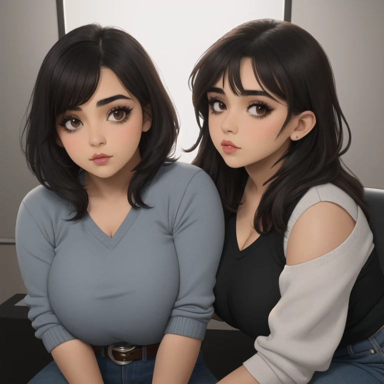 two cute petite short slightly curvy chubby emo mexican sisters, one with short hair and one with long hair, hair covering half ...