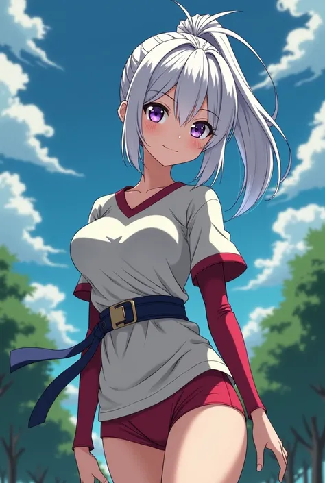 HD、Animation style、white hair 、Purple Eyes、girl、plump breasts 、High school student 、single ponytail、Baseball player、Light color short sleeve top、Long sleeve red underwear、Good shape、Thin、sash、Sky、cloud、sunny、Navel exposed、dazzler、Breasts exposed、ninja suit