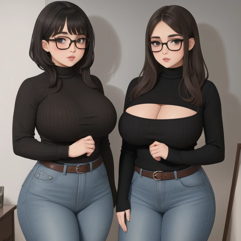 Two cute petite short slightly curvy chubby emo sisters, one with short hair and one with long hair, hair covering half face, one wearing glasses, beautiful detailed brown eyes, cutely detailed lips, extremely cute detailed eyes and face, busty, voluptuous...