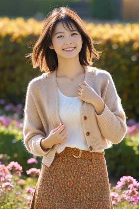 (masutepiece), (Best Quality), Realistic, Photorealism, 1girl, Beautiful woman, Perfect face, Perfect body、(Fashionable autumn clothes) , light smile, medium breast, wave ones hand, Early morning sunlight, Her skirt flutters in the strong north wind, Vast ...