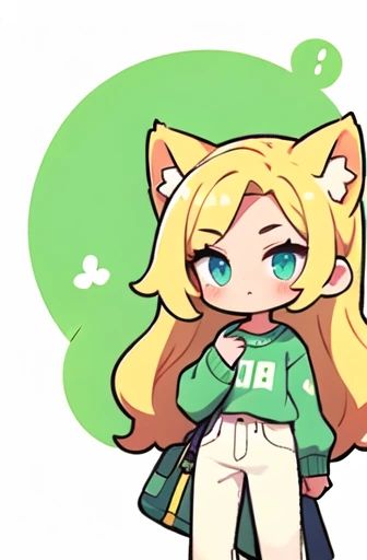 1girl. Cat ears. Blond hair. Long hair. Blue eyes. Green sweater. White jeans. Cat tail