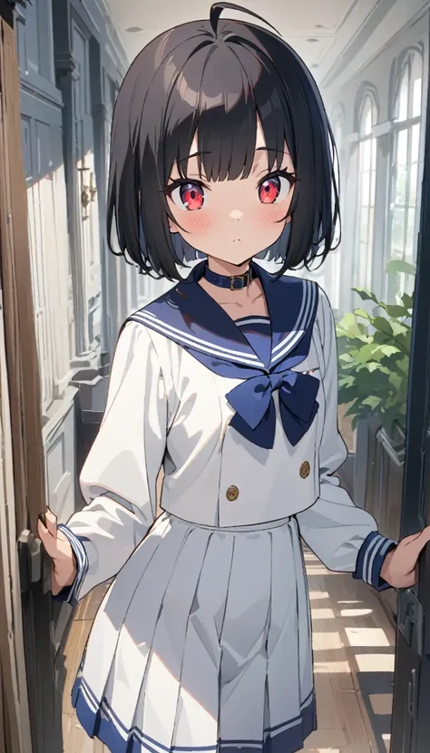 girl、Bobcut、Black Hair、Ahoge、Red Eye、Tree Eyes、Three white eyes、Sailor suit、bright,白いSailor suit,Navy blue collar,Long sleeve,Puff sleeves,The cuffs are navy blue,White Line,The skirt is white,Navy blue line on the hem,Thick and thin lines,、Old fashioned h...