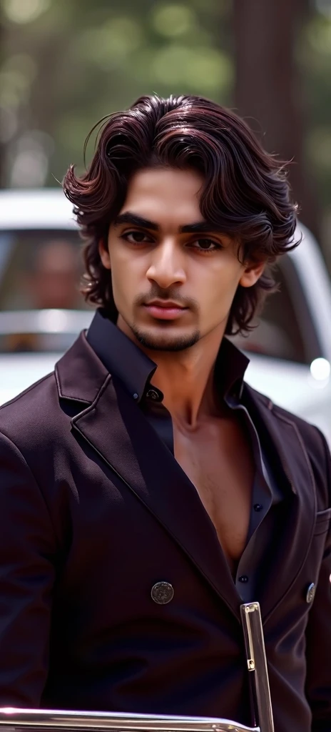 a hot guy, long brown and black wavy hair,wearing black formal dress, standing with his expensive car