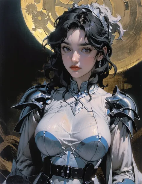 (best lighting) (best quality, masterpiece:1.2), (absurdres), 4k, (detailed eyes), (detailed face), a woman wearing gleaming silver armour with short black hair under her helmet stands in front of a towering gothic castle, illuminated by a large moon over ...