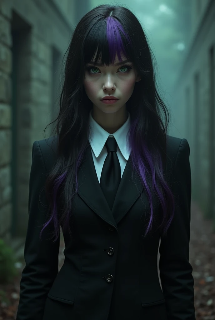 Ravenna Blackwood  a Goth witch with pale white skin and long spilt dyed  purple and black hair with bangs and emerald colored eyes.  Wearing the Evercrest Academy uniform black dress with a white dress shirt underneath     Horror movie scene, cinematicall...