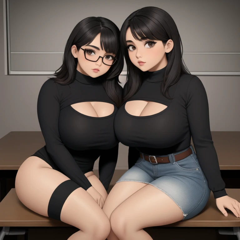 Two cute petite short slightly curvy chubby emo mexican sisters, one with short hair and one with long hair, hair covering half face, one wearing glasses, beautiful detailed brown eyes, cutely detailed lips, extremely cute detailed eyes and face, busty, vo...