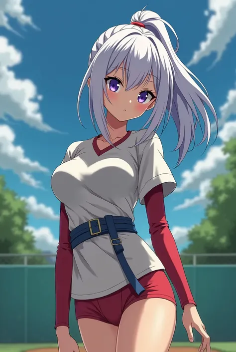 HD、Animation style、white hair 、Purple Eyes、girl、plump breasts 、High school student 、single ponytail、Baseball player、Light color short sleeve top、Long sleeve red underwear、Good shape、Thin、sash、Sky、cloud、sunny、Navel exposed、dazzler、Breasts exposed、ninja suit...